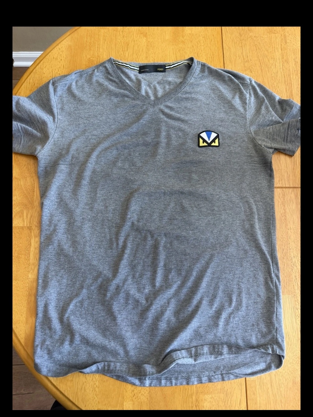 Fendi Gray V-Neck T-Shirt with Bug-Eye Logo Patch